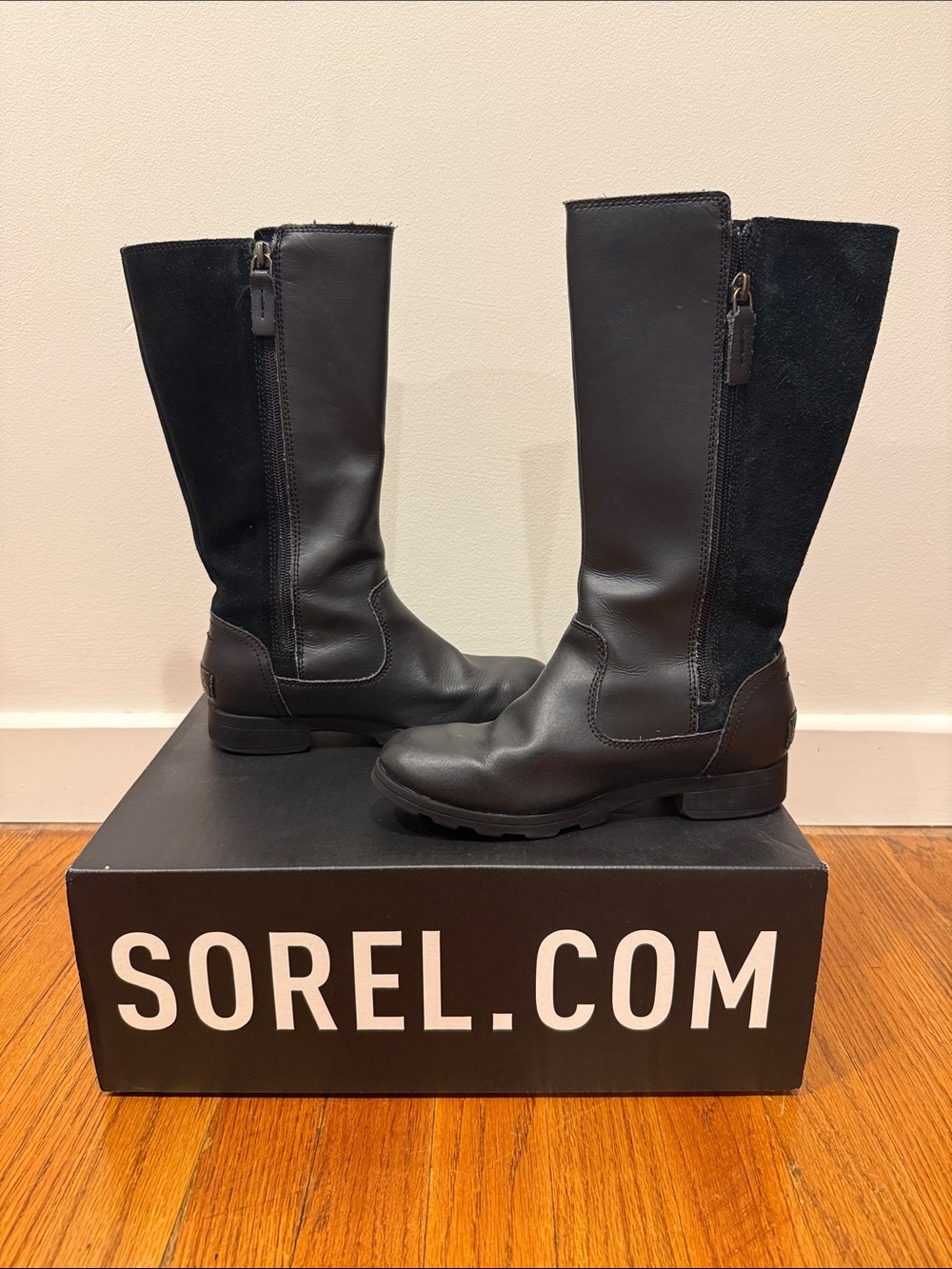 Sorel Emelie Tall Black Leather & Suede Mid-Calf Zip Boots